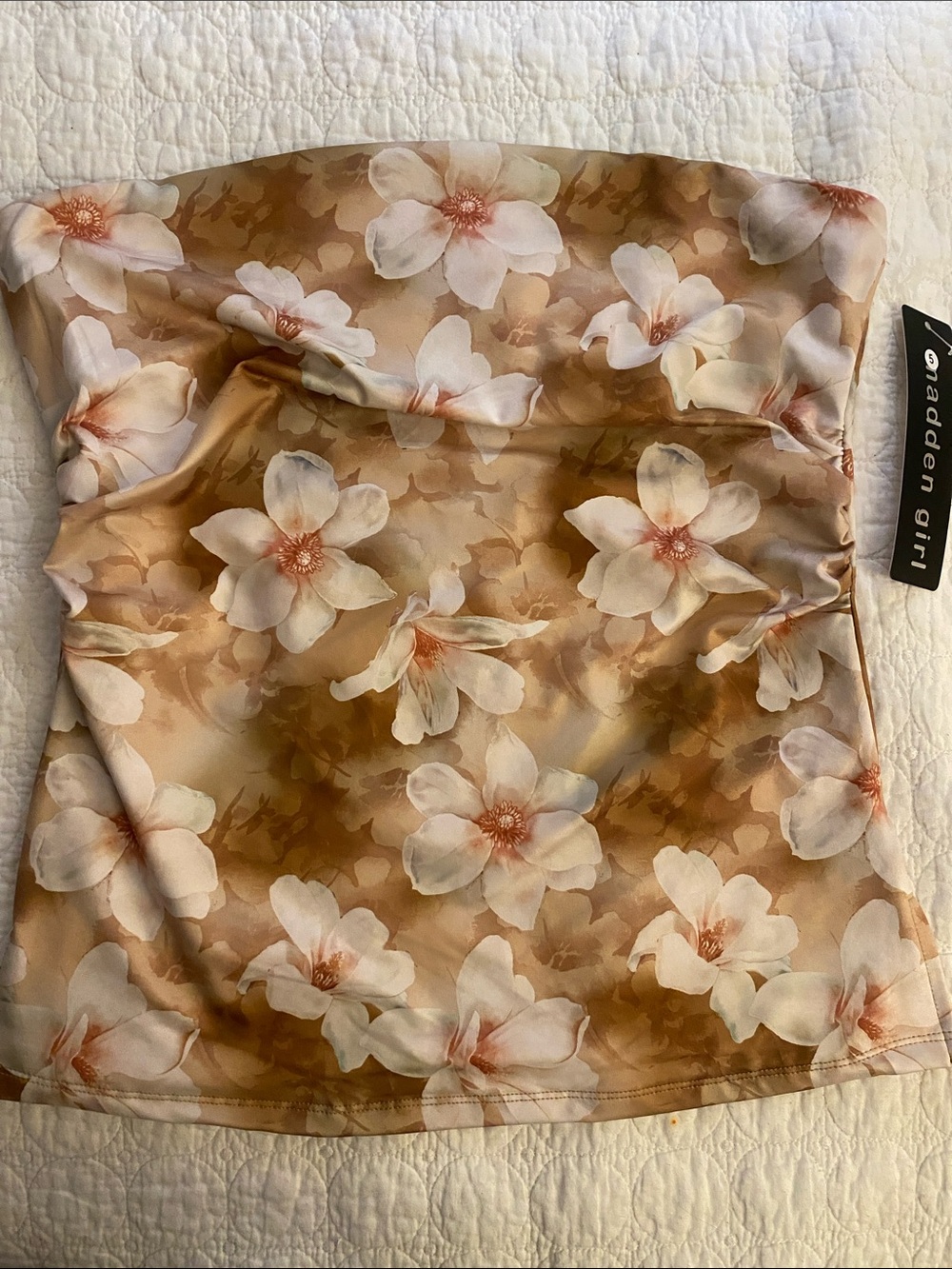 Madden Girl Floral Strapless Satin Top in Peach and White